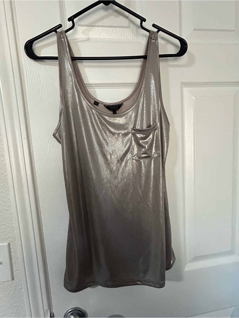 Guess Metallic Silver Scoop Neck Tank with Chest Pocket